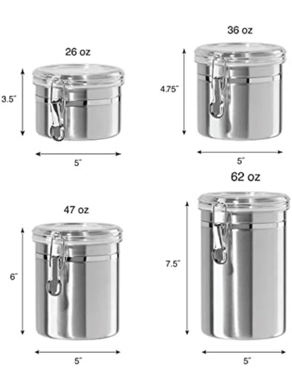 Airtight Stainless Steel Kitchen Canisters Set - Clear Lid, 4 Sizes for Food